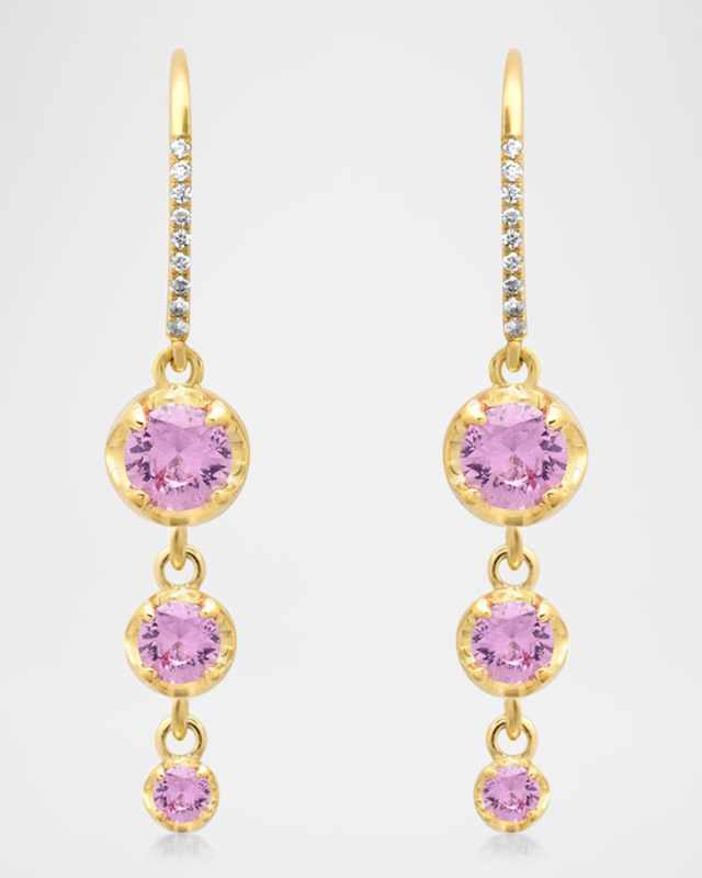 18K Yellow Gold 3 Graduated Illusion Set Earrings with Pink Sapphires